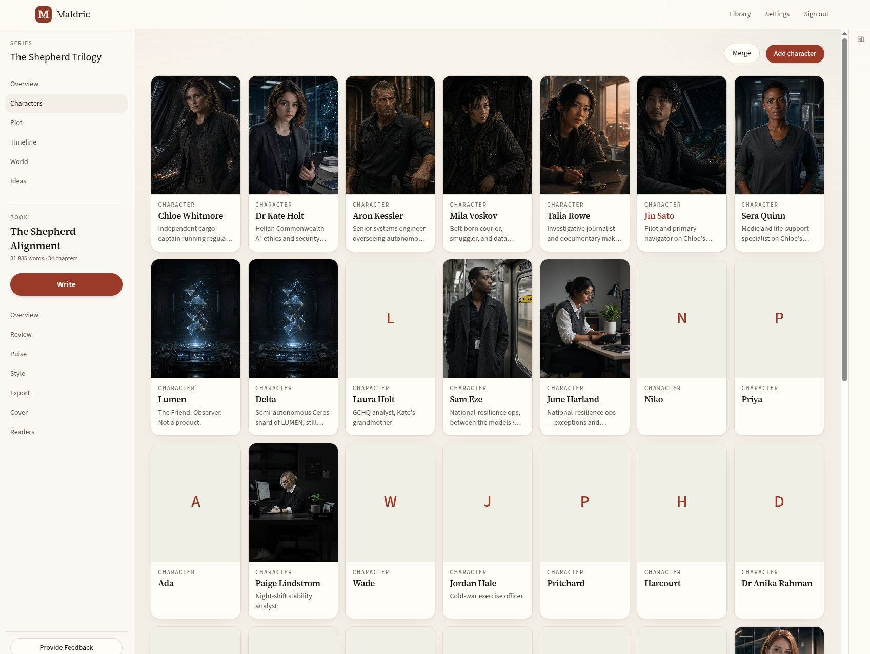 Maldric's Characters view with a grid of character portraits, names and summaries, plus Add character and Merge controls.