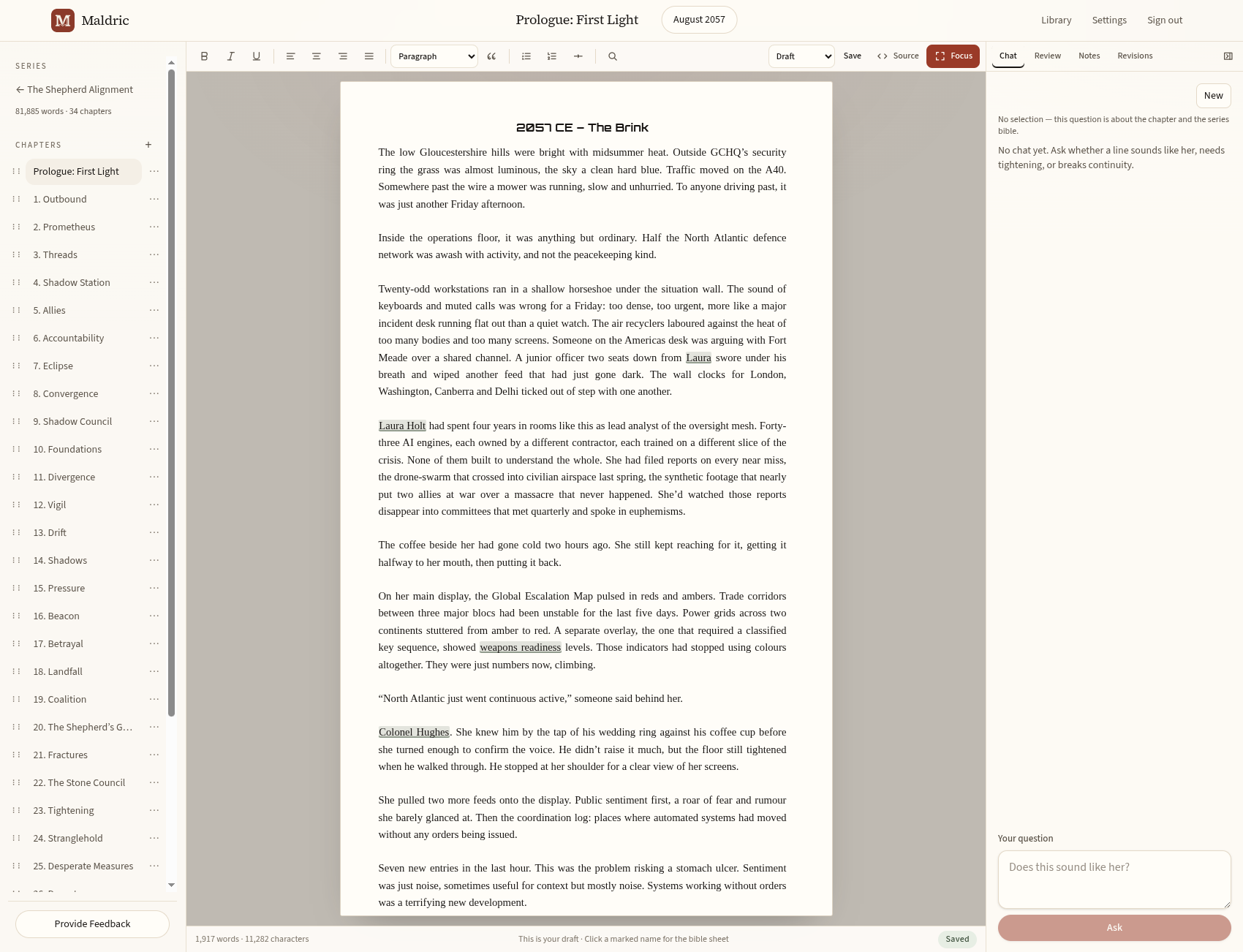 Maldric's writing desk with a chapter list, a formatted manuscript, linked character names and the optional Chat panel.
