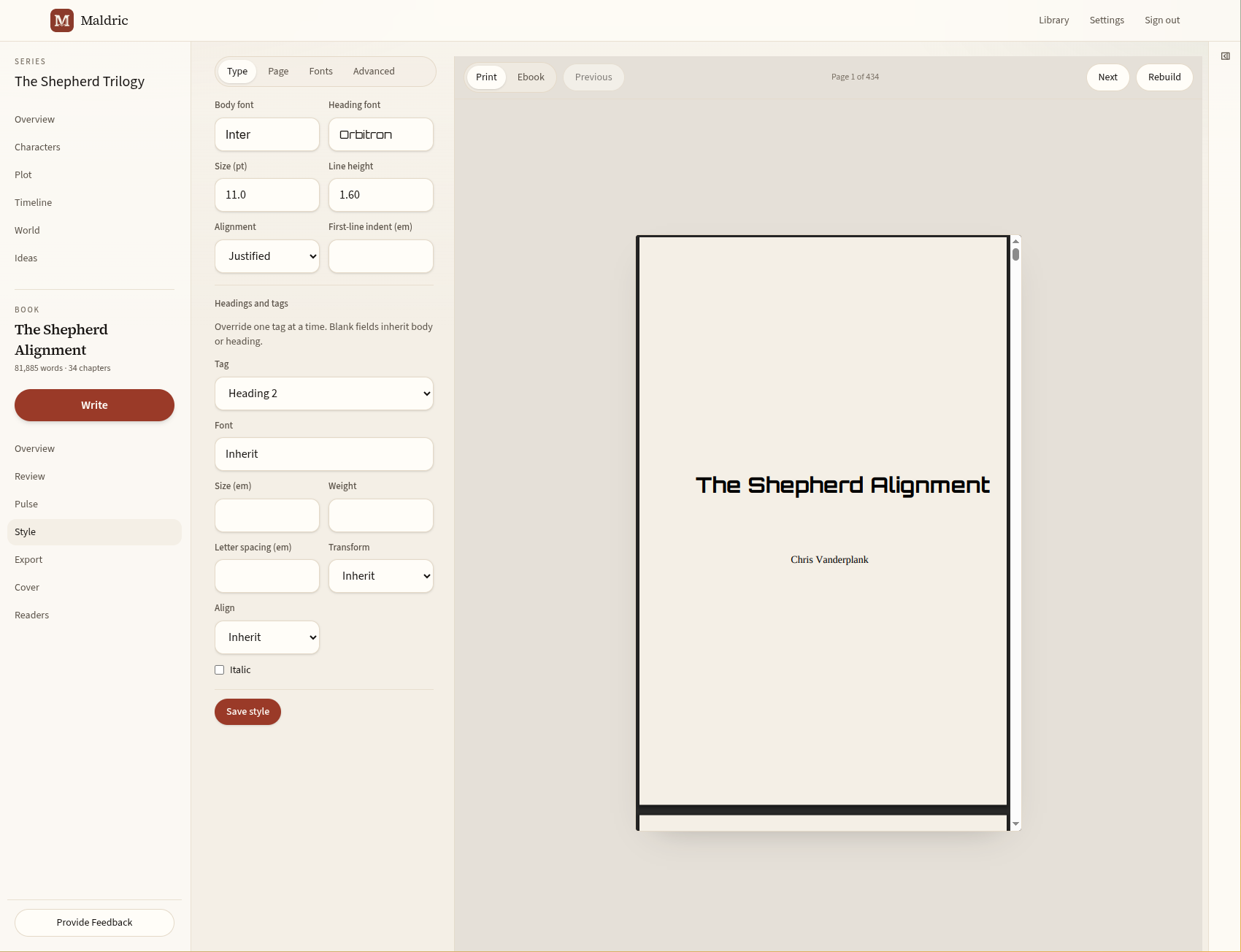 Maldric's Style view with font and heading controls beside a print preview of the book's title page.