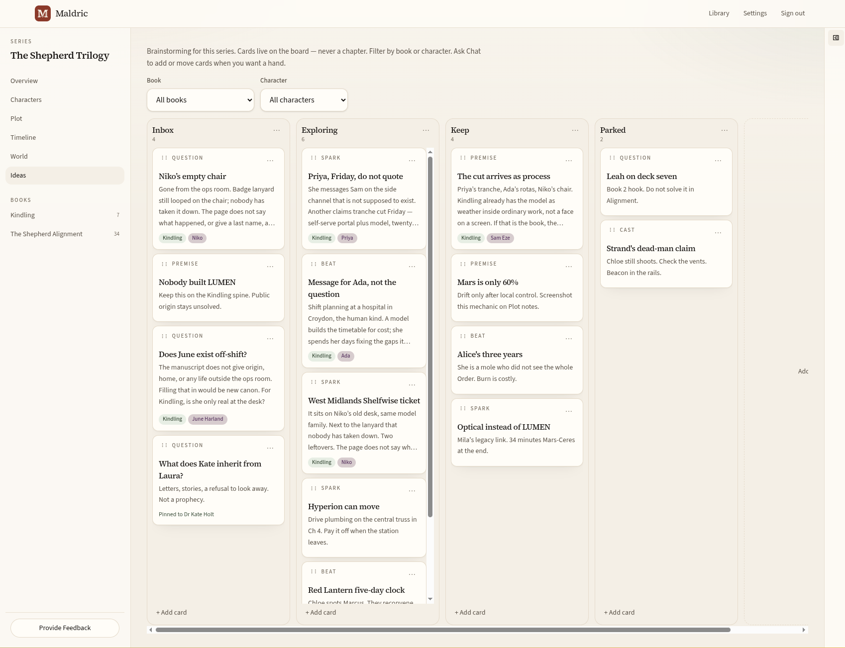 Maldric's Ideas board with Inbox, Exploring, Keep and Parked columns, idea cards and book and character filters.